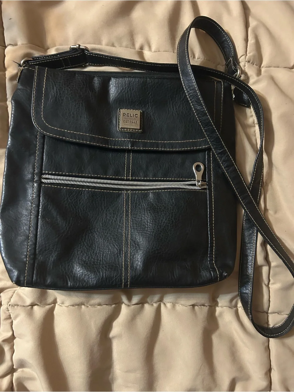 Relic Black Faux Leather Crossbody with Cream Stitching